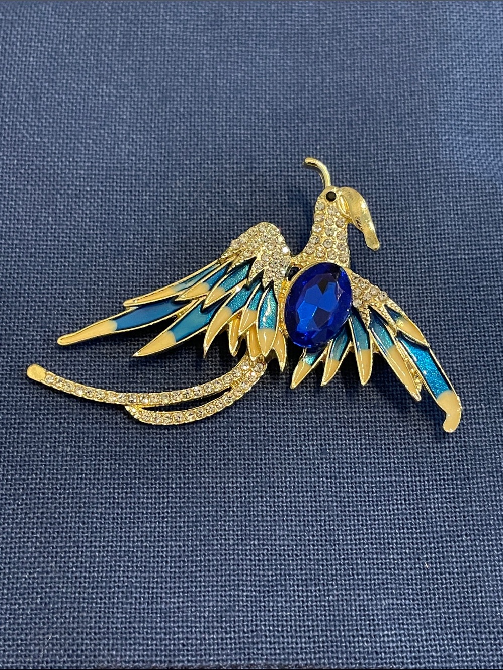 Gold and Blue Crystal Phoenix Brooch